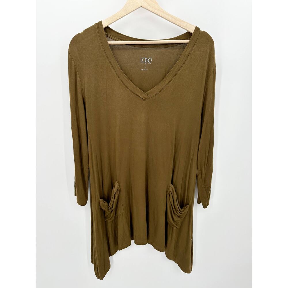 LOGO by Lori Goldstein Brown V-Neck Tunic 3/4 Sleeve Pockets Size L